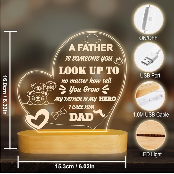 BNIB Heart-Shaped LED 3D Night Light w Touching Quote for Dad Gift Fathers Day - Picture 2 of 3